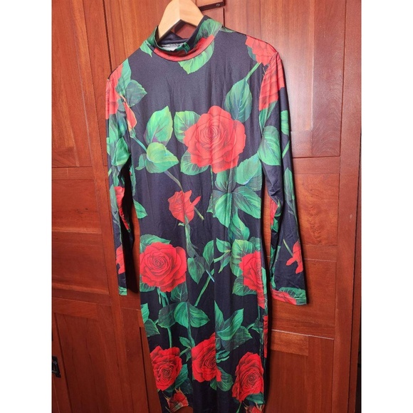 Womens Bodycon Dress 1XL Black Red Floral Mock Neck Long Sleeve Rose Print Chic - Picture 3 of 9